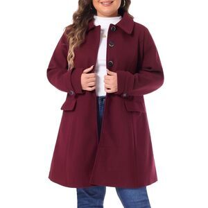Plus Size Turndown Collar Single Breasted Long Wool Coats Burgundy